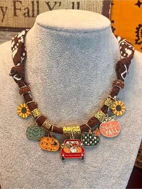 Fall Charm Necklace – Brown Ribbon with Orange & Gold Charms